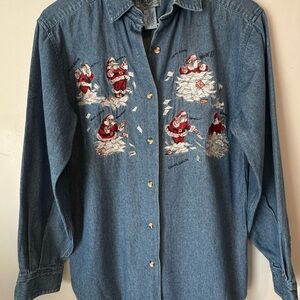 Cambridge Dry Goods Blue Button Down Shirt with Santa Embroidery